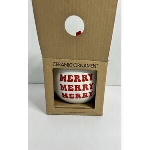 NIB Heavy Ceramic Christmas 4” Ornament Red Merry Merry Merry